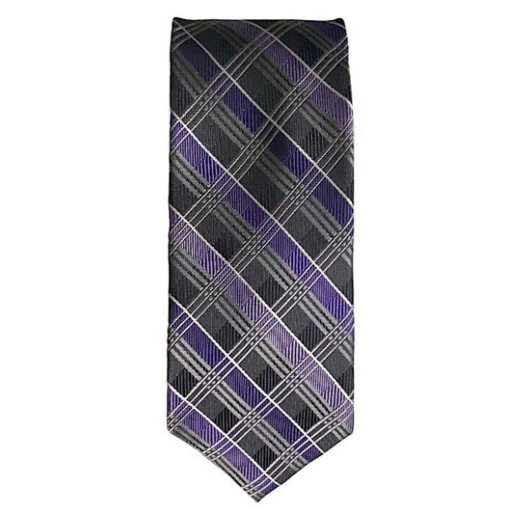 Pronto Uomo Mens Silk Tie 58 inches Tartan Plaid Purple Black White Boardroom